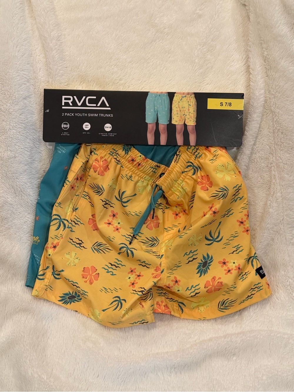 NWT RVCA Yellow Floral & Teal Boys Swim Trunks 2-Pack